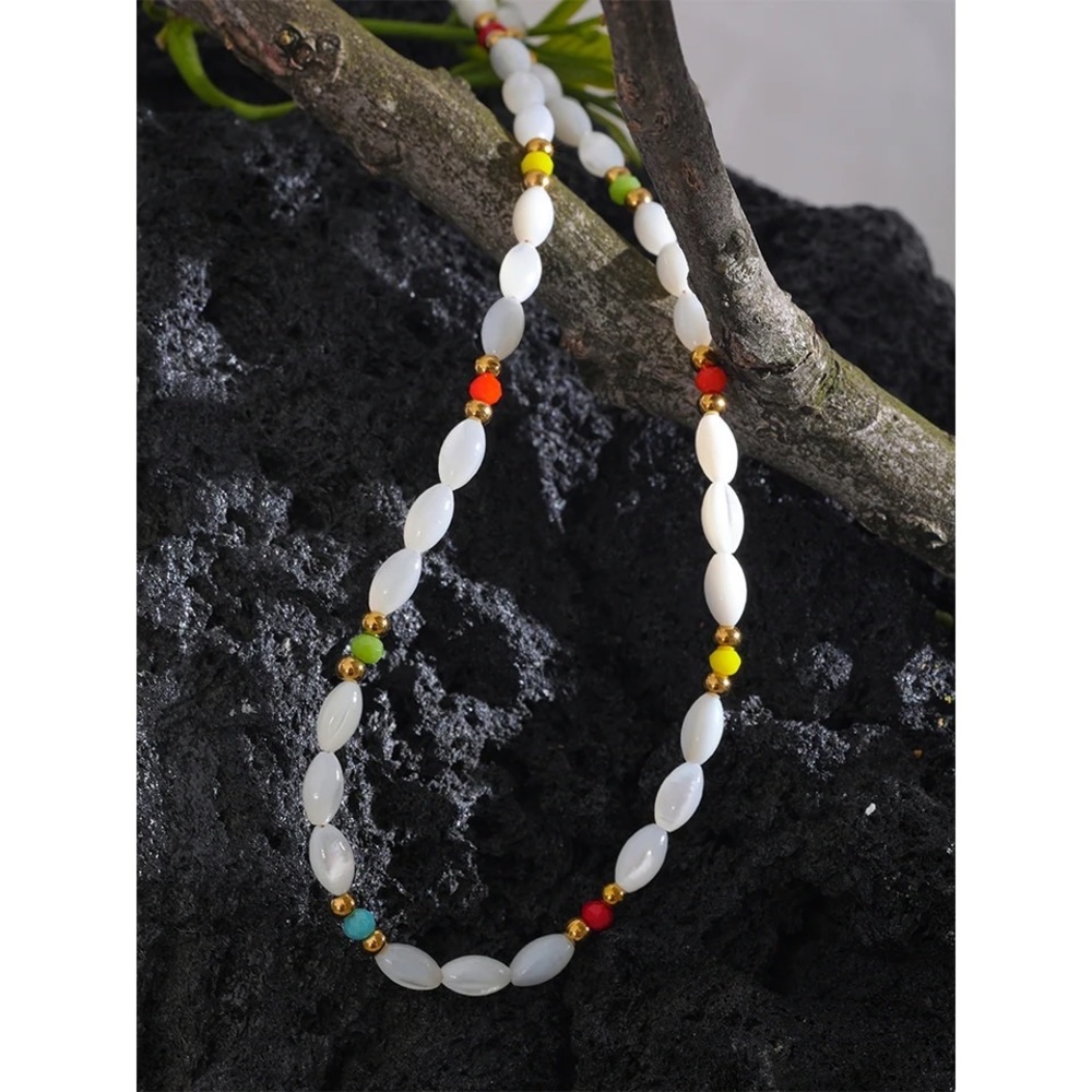 Natural Shell & Colorful Beaded Necklace Gold Tone